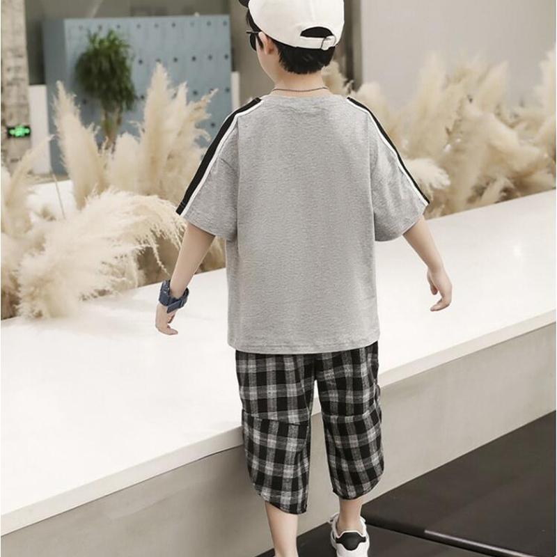 Boy Bear Pattern T-shirt & Loose Plaid Capri Pants - PrettyKid