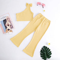 18M-6Y Toddler Girls Sets Solid Color Ribbed One Shoulder Tops & Flared Pants Wholesale Little Girl Clothing