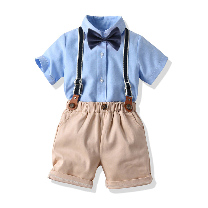 Blue Bowtie Shirt And Suspender Shorts Wholesale Toddler Boy Clothes Sets - PrettyKid