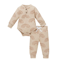 Baby Boy Rainbow Print Ribbed Bodysuit And Pants Two Piece Baby Sets - PrettyKid