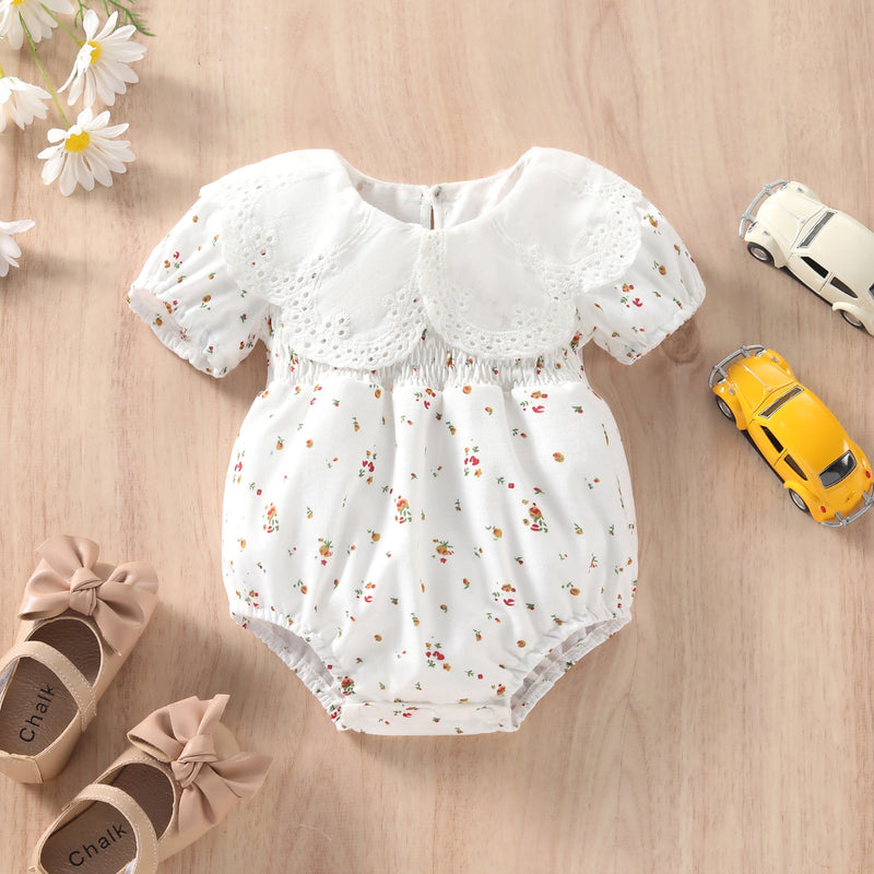 3-24M Baby Girls Floral Print Lapel Collar Smocked Bodysuit Wholesale Baby Clothing - PrettyKid