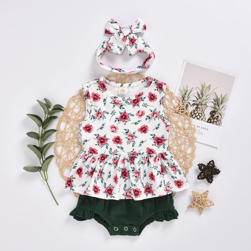 3-piece Floral Printed Dress & Shorts & Headband for Baby Girl - PrettyKid