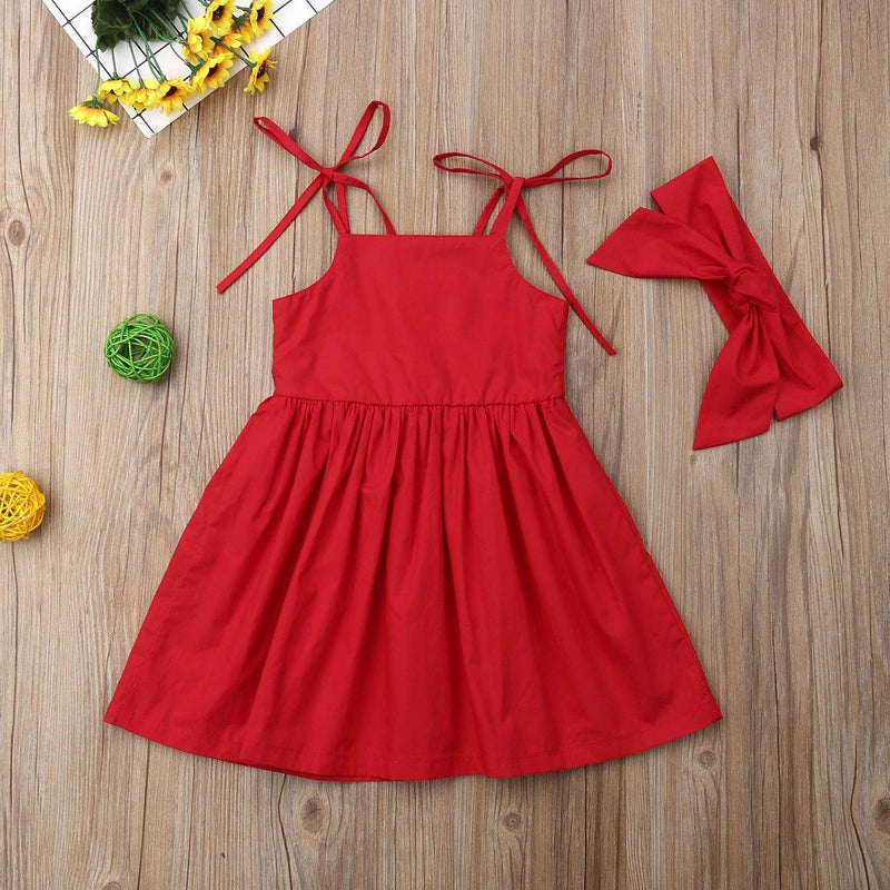 Simple Solid Color Single-breasted Sling Princess Dress with Headband - PrettyKid