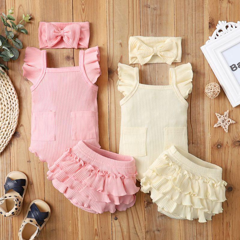 New Born Girl Ribbed Ruffle Sleeve Bodysuit & Bowknot Headband & Ruffle Super Short - PrettyKid