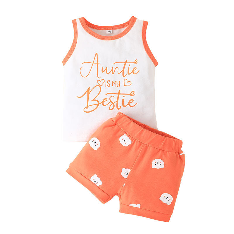 Baby Monogram Vest And Bear Shorts Two Piece Baby Sets - PrettyKid