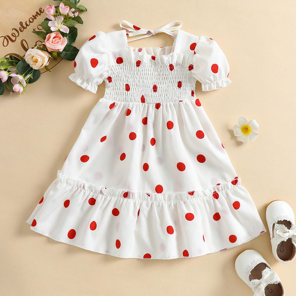 18M-6Y Toddler Girls Polka Dots Puff Sleeve Smocked Dresses Wholesale Girls Fashion Clothes