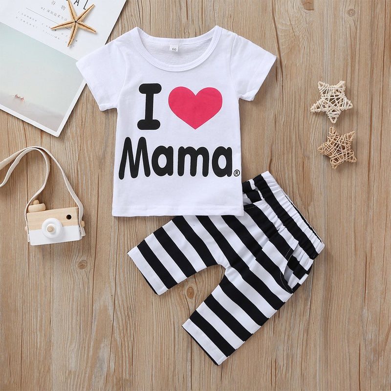 2-Piece Short-Sleeve Letter Print Tee and Striped Pants - PrettyKid