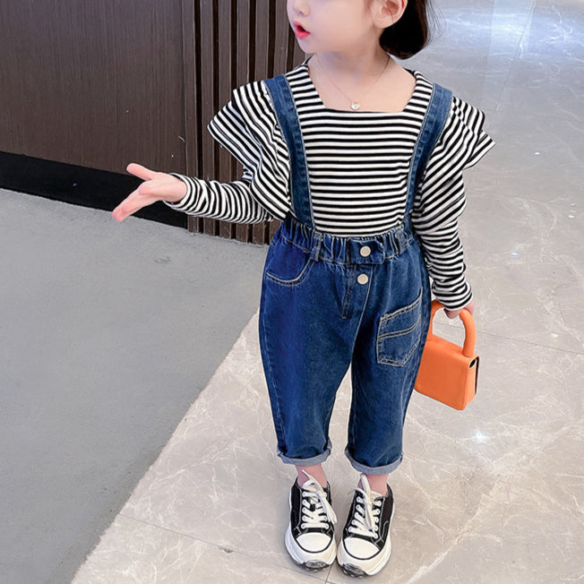 18months-6years Toddler Girl Sets Striped Blouse & Overalls Two-Piece Suit Children's Clothing Wholesale - PrettyKid