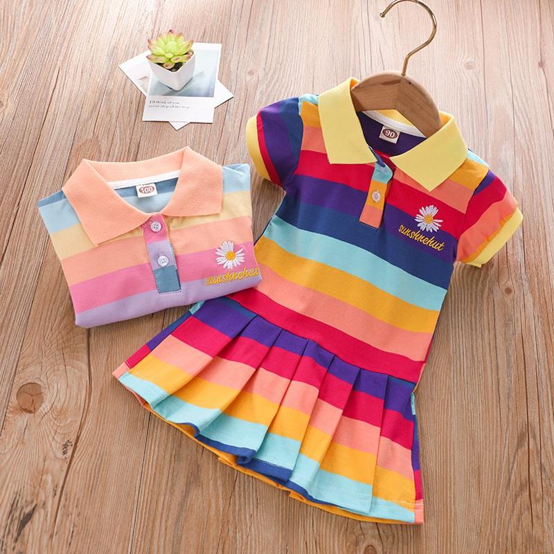 Toddler Girl Polo Collar Rainbow Dress Children's Clothing - PrettyKid