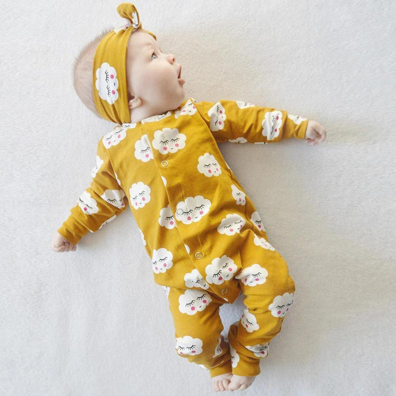 Cute Yellow Cloud Smiley Printed Long-sleeve Jumpsuit - PrettyKid