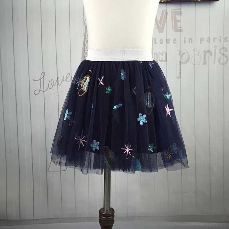 3-9Y Kid  Skirt Cosmic Embroidery Patchwork Contrasting Colors Kids Clothing Wholesale - PrettyKid