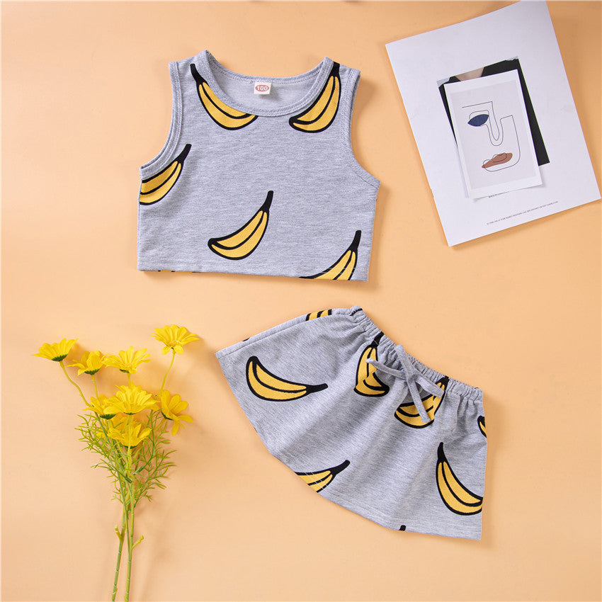 2-7Y Toddler Girls Clothing Sets Banana Print Tank Top & Skirts Wholesale Girls Clothes - PrettyKid