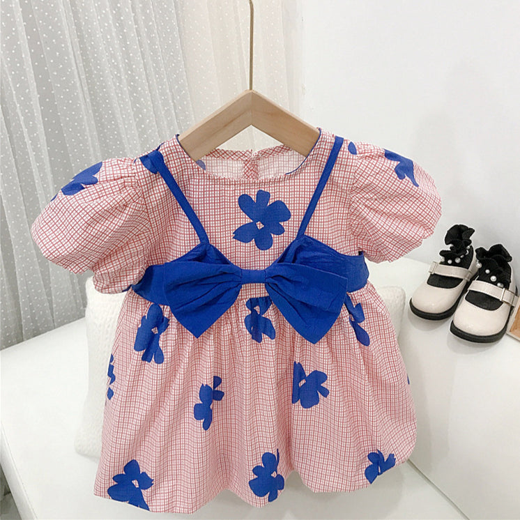9M-6Y Cute Dresses For Girls Bud Short Sleeve Colorblock Bow Wholesale Toddler Clothing - PrettyKid