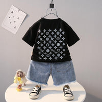 Grow Boy Smiley Pattern T-shirt & Denim Shorts - PrettyKid