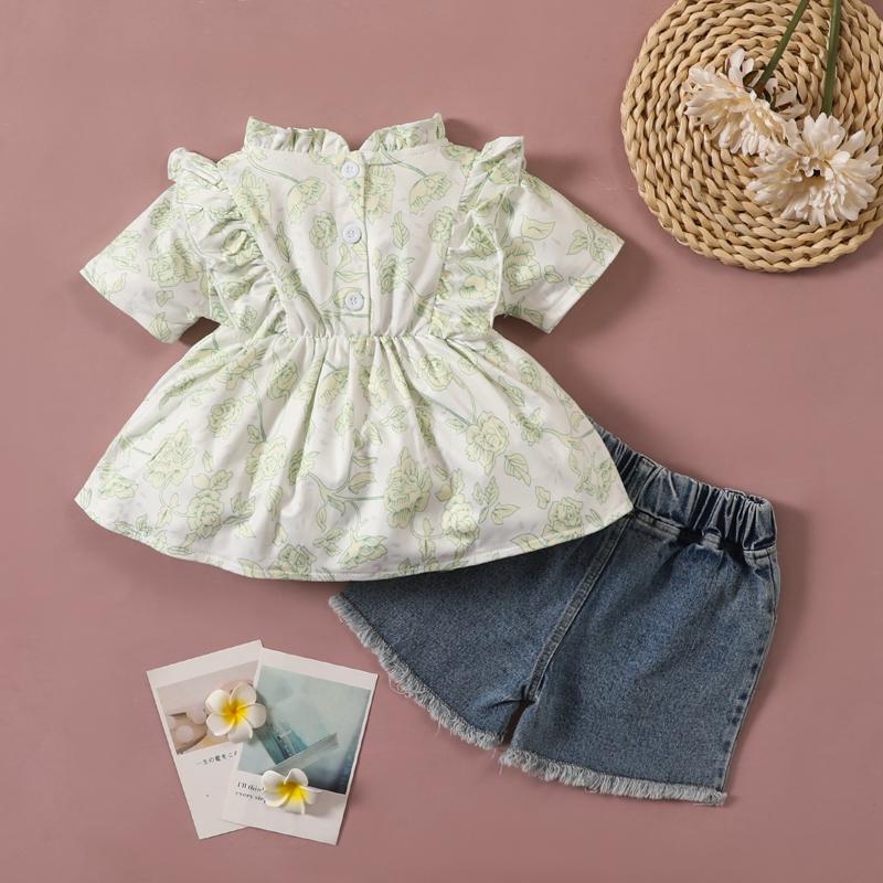 Toddler Girl Floral Top & Denim Shorts - PrettyKid