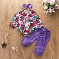 3-piece Floral Printed Bodysuit & Pants & Headband for Baby Girl Wholesale children's clothing - PrettyKid