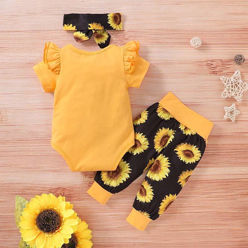 3-piece Ruffle Letter Pattern Bodysuit & Floral Printed Pants & Handband for Baby Girl - PrettyKid