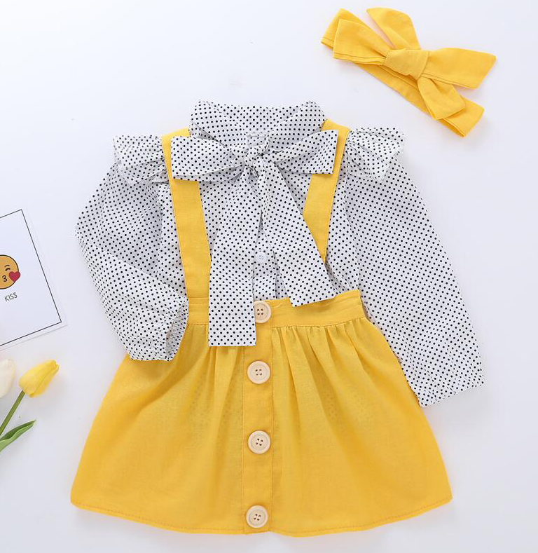 Toddler Girls Polka Dot Bow Top Solid Color Strap Skirt & Headdress - PrettyKid
