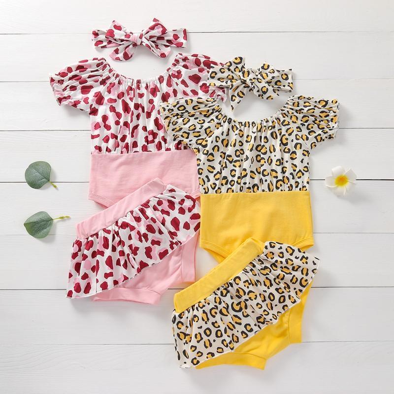 Baby Girl Leopard Print Color-block Bodysuit & Shorts & Headband - PrettyKid