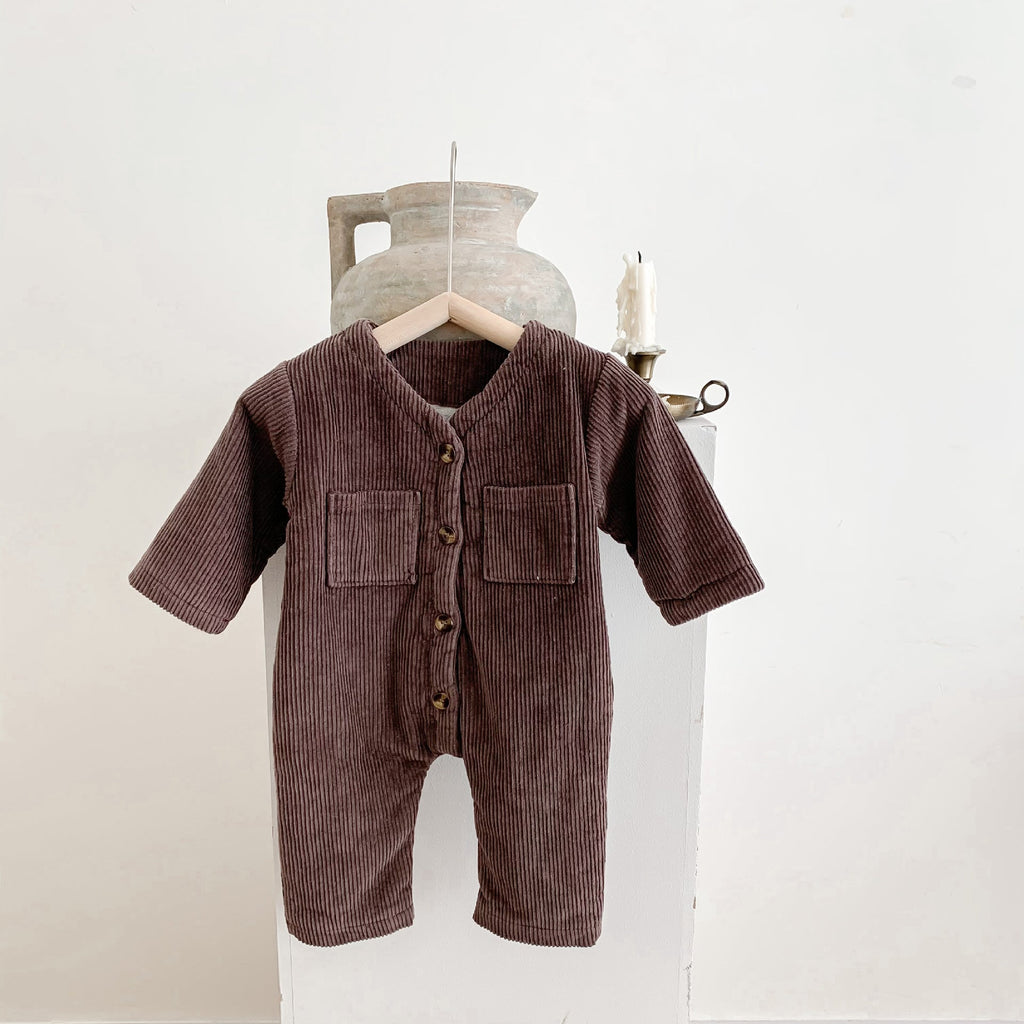 3-24M Baby Onesies Solid Single-Breasted Fleece Long-Sleeve Romper With Chest Pocket Wholesale Baby Clothing - PrettyKid