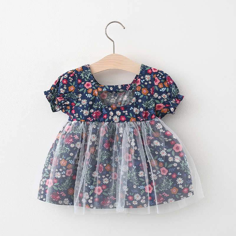 Baby Girl Floral Pattern Summer Mesh Hem Dress - PrettyKid