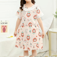 Girl Cartoon & Lace Pattern Summer Pajamas Dress Children's Clothing - PrettyKid