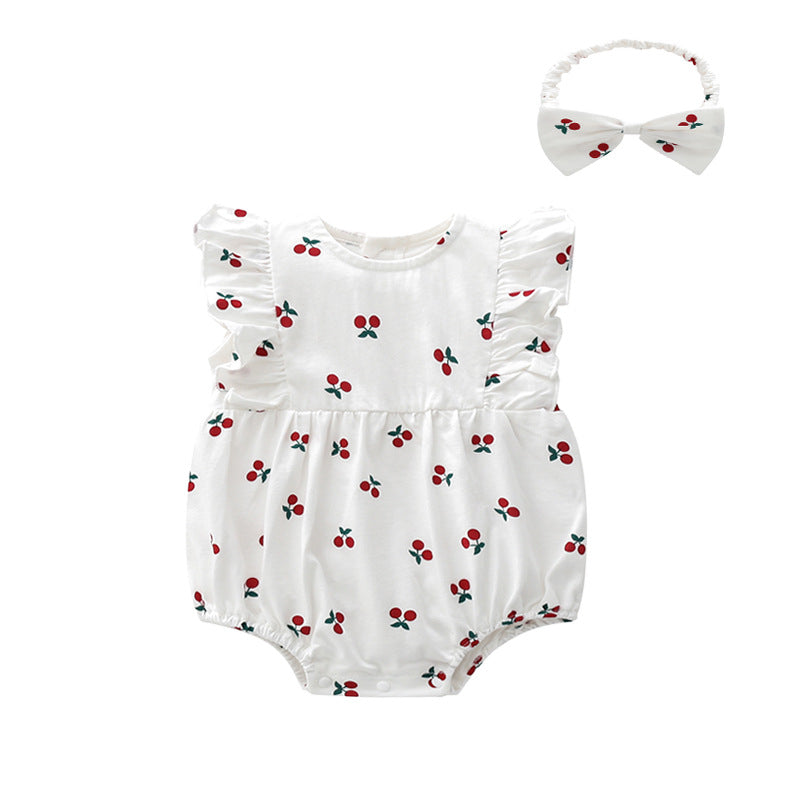 0-12M Baby Girls Cherry Print Flutter Sleeve Bodysuit & Headband Wholesale Baby Clothes In Bulk - PrettyKid