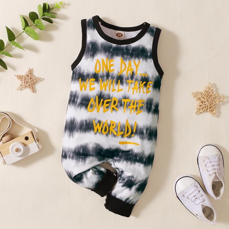 Baby Boy Letter Print Tie Dye Sleeveless Jumpsuit - PrettyKid