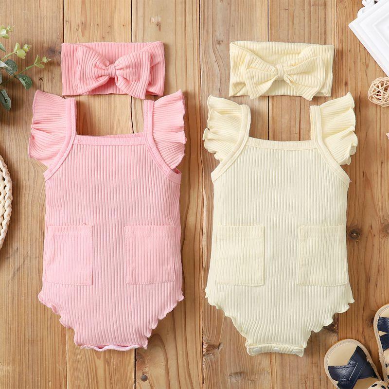 New Born Girl Ribbed Ruffle Sleeve Bodysuit & Bowknot Headband - PrettyKid