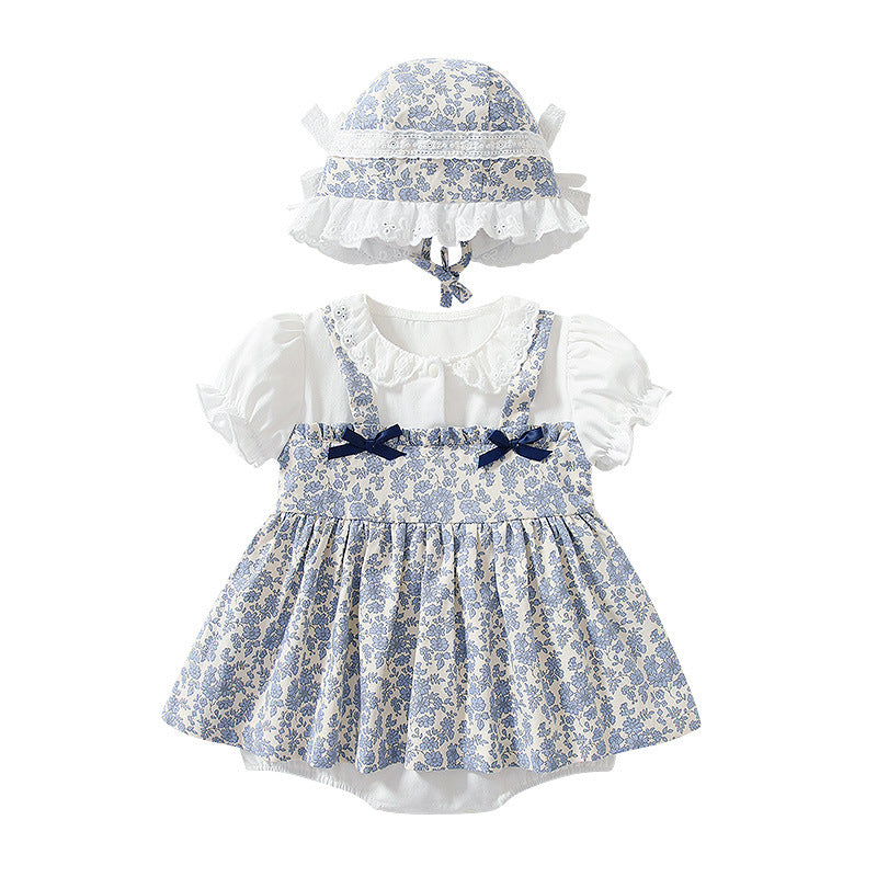 Baby Girl Puff Sleeve Floral Dress Bodysuit And Hat Baby One Piece Jumpsuit - PrettyKid