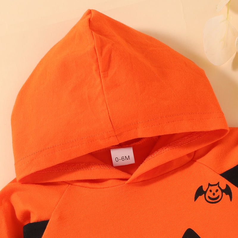 Toddler Kids Printed Halloween Pumpkin Hooded Cotton Long Sleeve Set - PrettyKid
