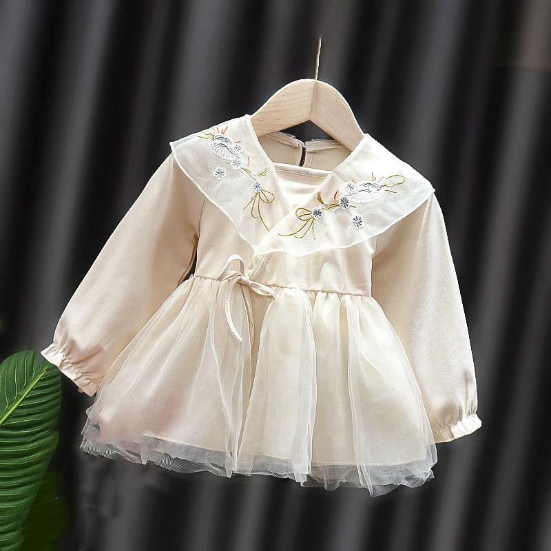 us children's wholesale clothing Baby Girl Embroidery Pattern Solid Color Dress - PrettyKid