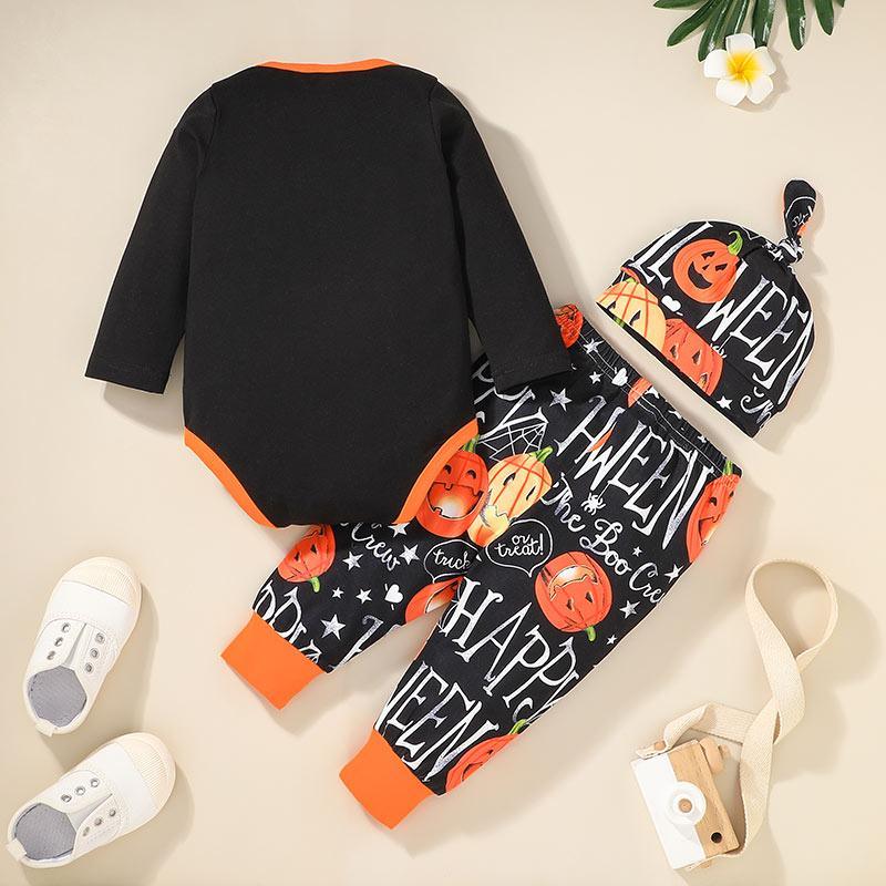 plain childrens clothing wholesale Baby Letter Print Long Sleeve Bodysuit & Pants & Hat - PrettyKid