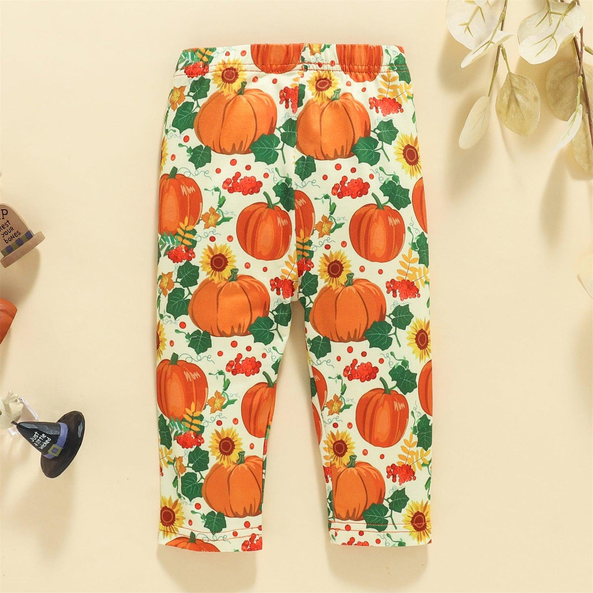 Toddler Girls Solid Pumpkin Print Top Pants Hair Band Halloween Three Piece Set - PrettyKid