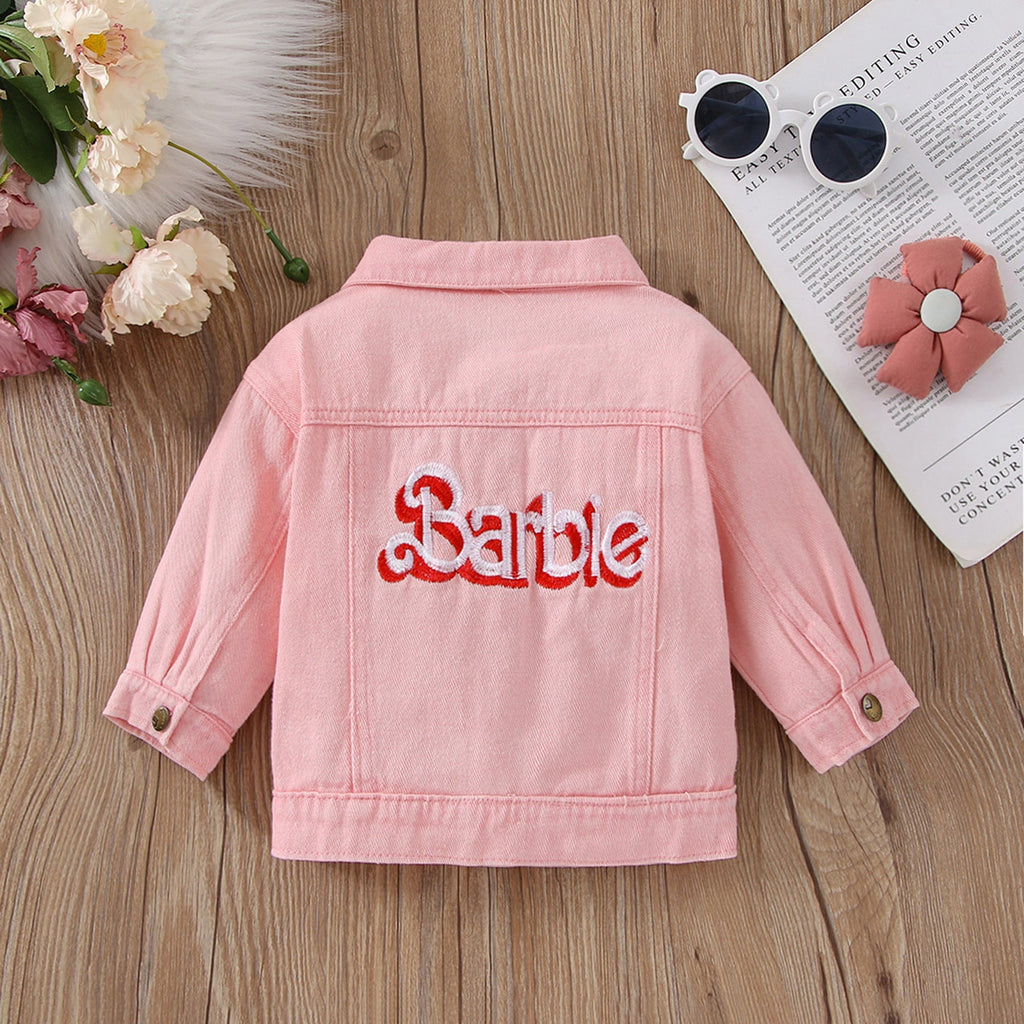 3M-3Y Toddler Girls Pink Long Sleeve Cardigan Single Breasted Lapel Denim Jacket Wholesale Girls Clothing Suppliers - PrettyKid