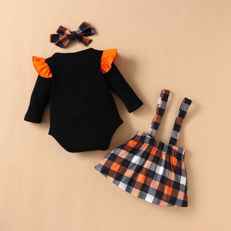 bulk kids clothes Baby Girl Letter Print Long Sleeve Bodysuit & Suspender Skirt & Headband Wholesale Children's Clothing - PrettyKid