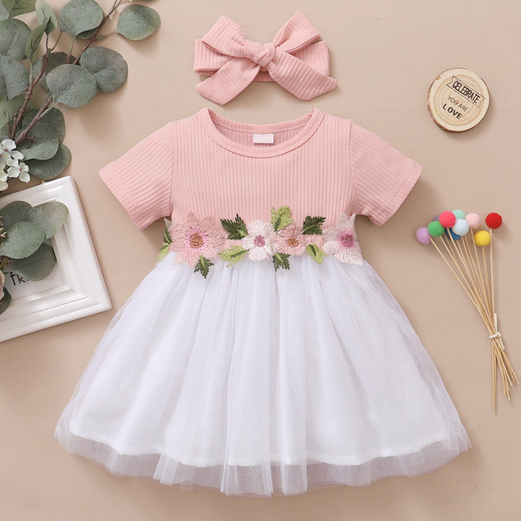 Baby Girl Floral Embroidered Mesh Dress And Headband Baby Girl Tutu Dress - PrettyKid