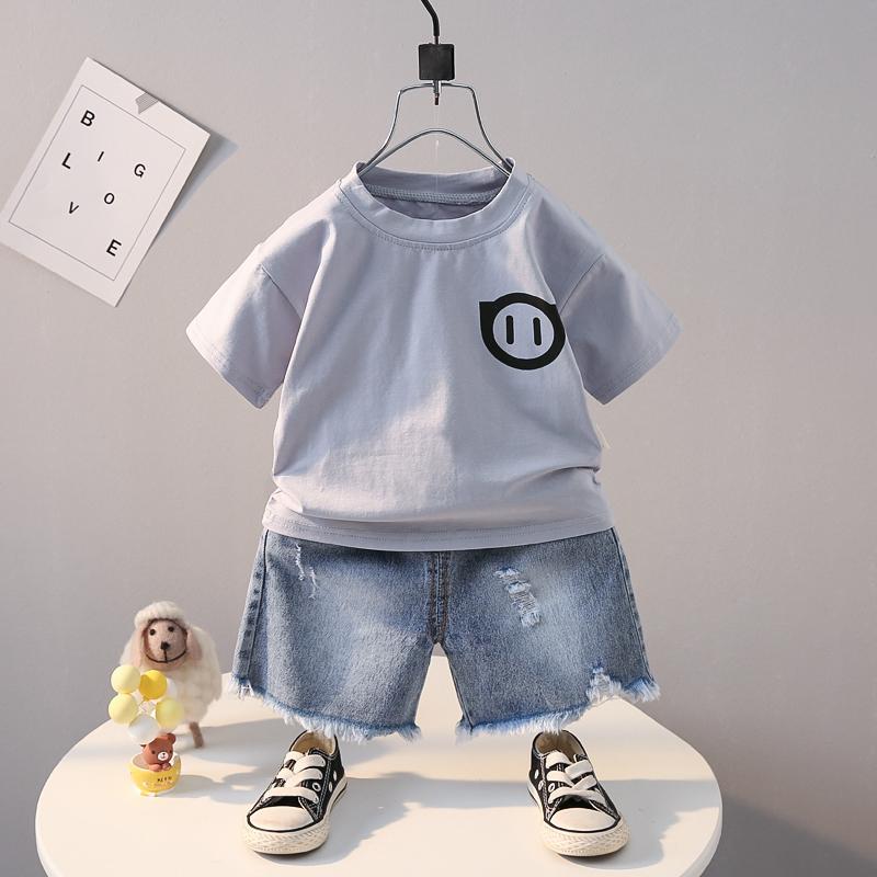 Grow Boy Smiley Pattern T-shirt & Denim Shorts - PrettyKid