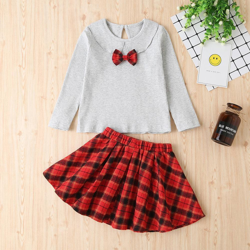 Girls 2-Piece Long Sleeve Tops&Pleated Plaid Skirt Wholesale Girl Boutique Clothing - PrettyKid