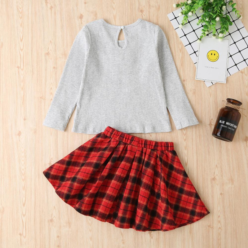 Girls 2-Piece Long Sleeve Tops&Pleated Plaid Skirt Wholesale Girl Boutique Clothing - PrettyKid