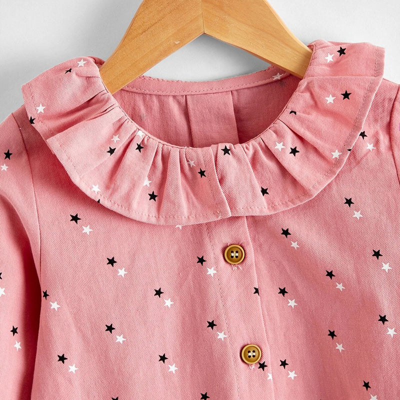 Toddler Kids Girls Solid Star Printed Baby Collar Flare Sleeve Shirt Top - PrettyKid
