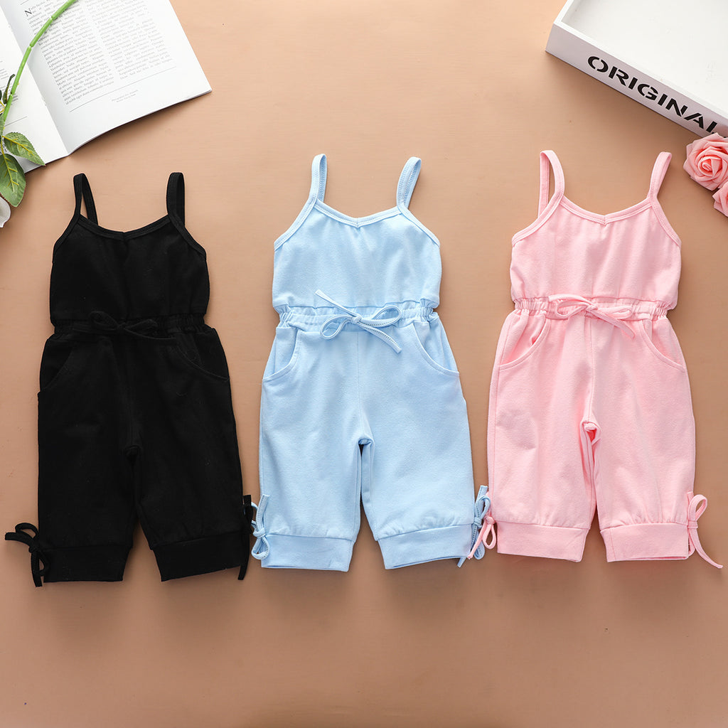 Toddler Kids Girl Solid Cotton Suspender Bow Jumpsuit Pants - PrettyKid