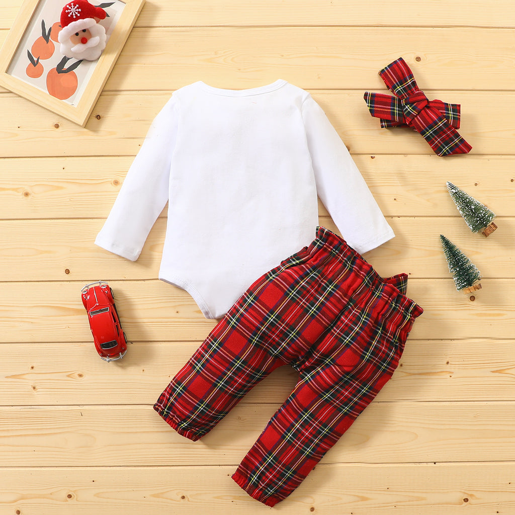 Baby Girls' Christmas Long Sleeve Plaid Printed One-piece Suit Pants Set - PrettyKid