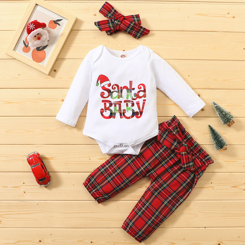 Baby Girls' Christmas Long Sleeve Plaid Printed One-piece Suit Pants Set - PrettyKid