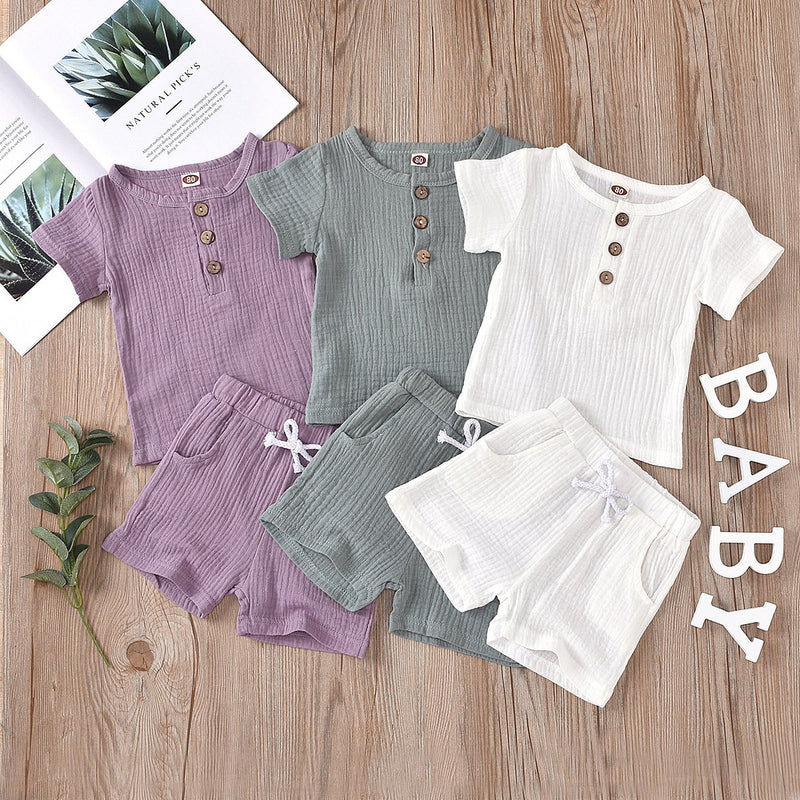 Multi-Color Cotton and Linen Short Sleeve Suit - PrettyKid