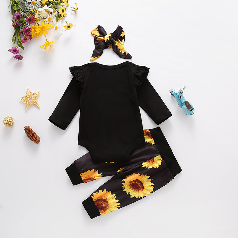 Baby Girls Solid Color Letters Long-sleeved Jumpsuit Sunflower Print Pants Set - PrettyKid