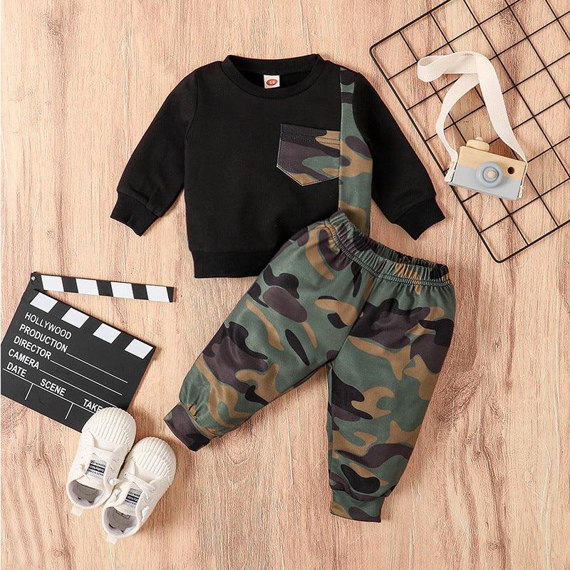 Toddler Boys Round Neck Pocket Camouflage Patchwork Long Sleeve Suit - PrettyKid