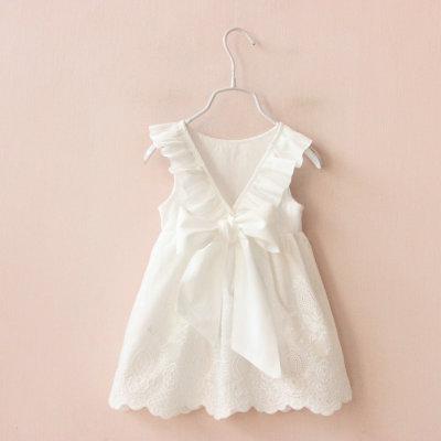 Girl's Pure White Dress Bow Big V Backless Hollow Out Skirt - PrettyKid
