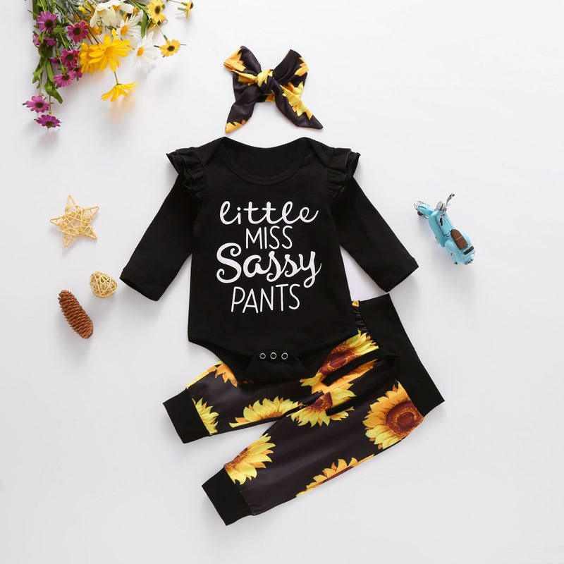 Baby Girls Solid Color Letters Long-sleeved Jumpsuit Sunflower Print Pants Set - PrettyKid