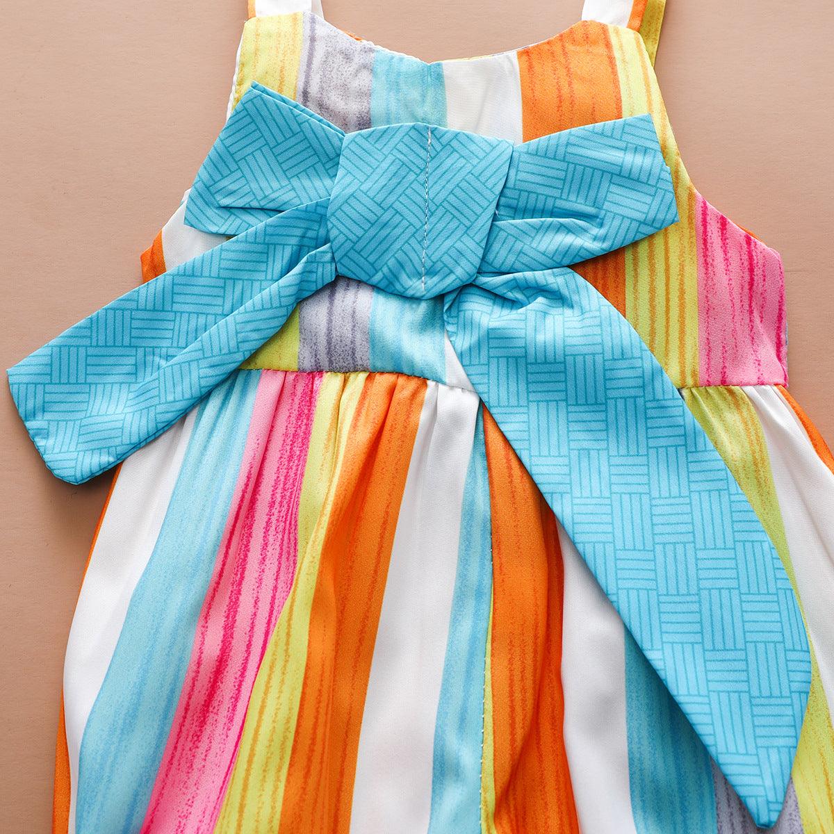 Baby Girl Summer Rainbow Striped BOW STRAP Pants - PrettyKid